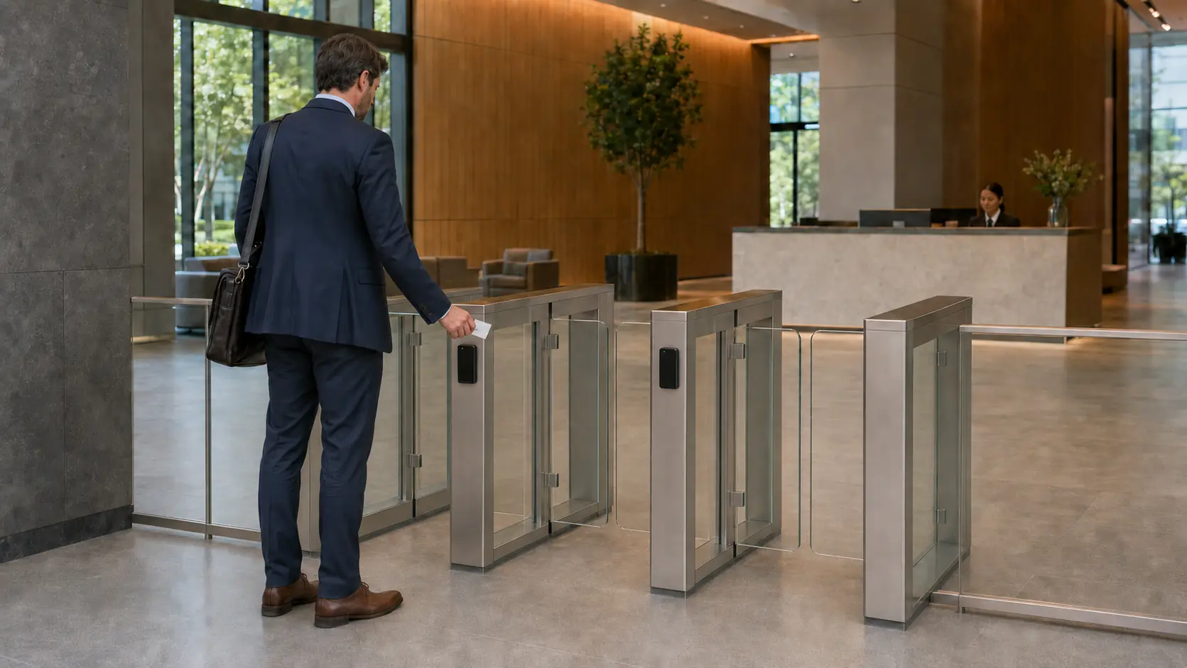 Presentación de tarjeta ante lectores de acceso en pasarelas de un edificio de oficinas